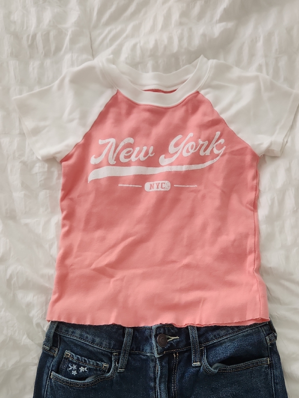 Kids Pink & White 'New York' Jersey Tee 10/12